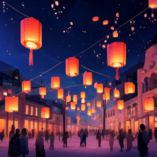 Prompt: A city square with lanterns hanging in the sky. These lanterns are interactive