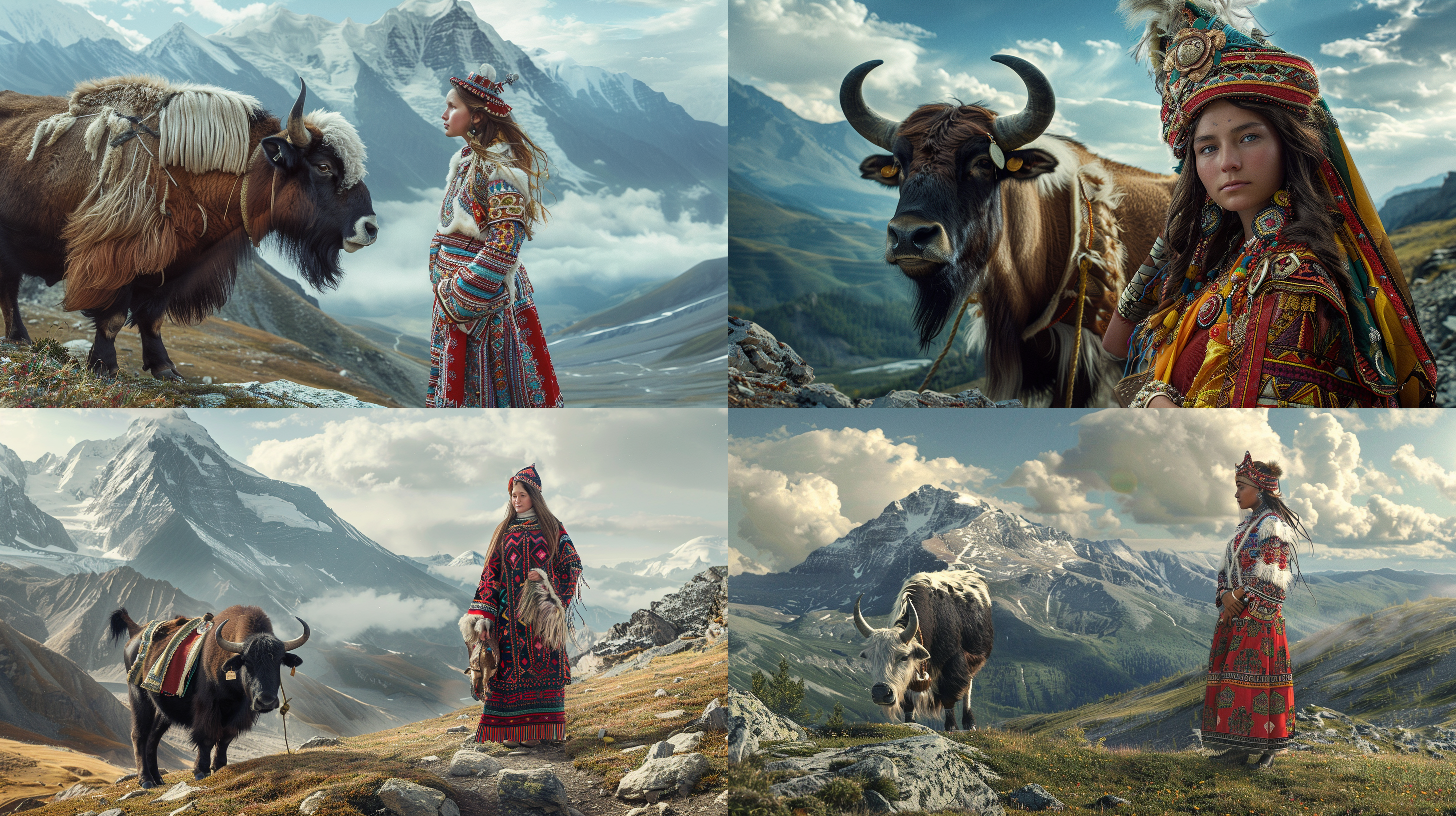 Siberian Woman with Yak in Mountain Landscape