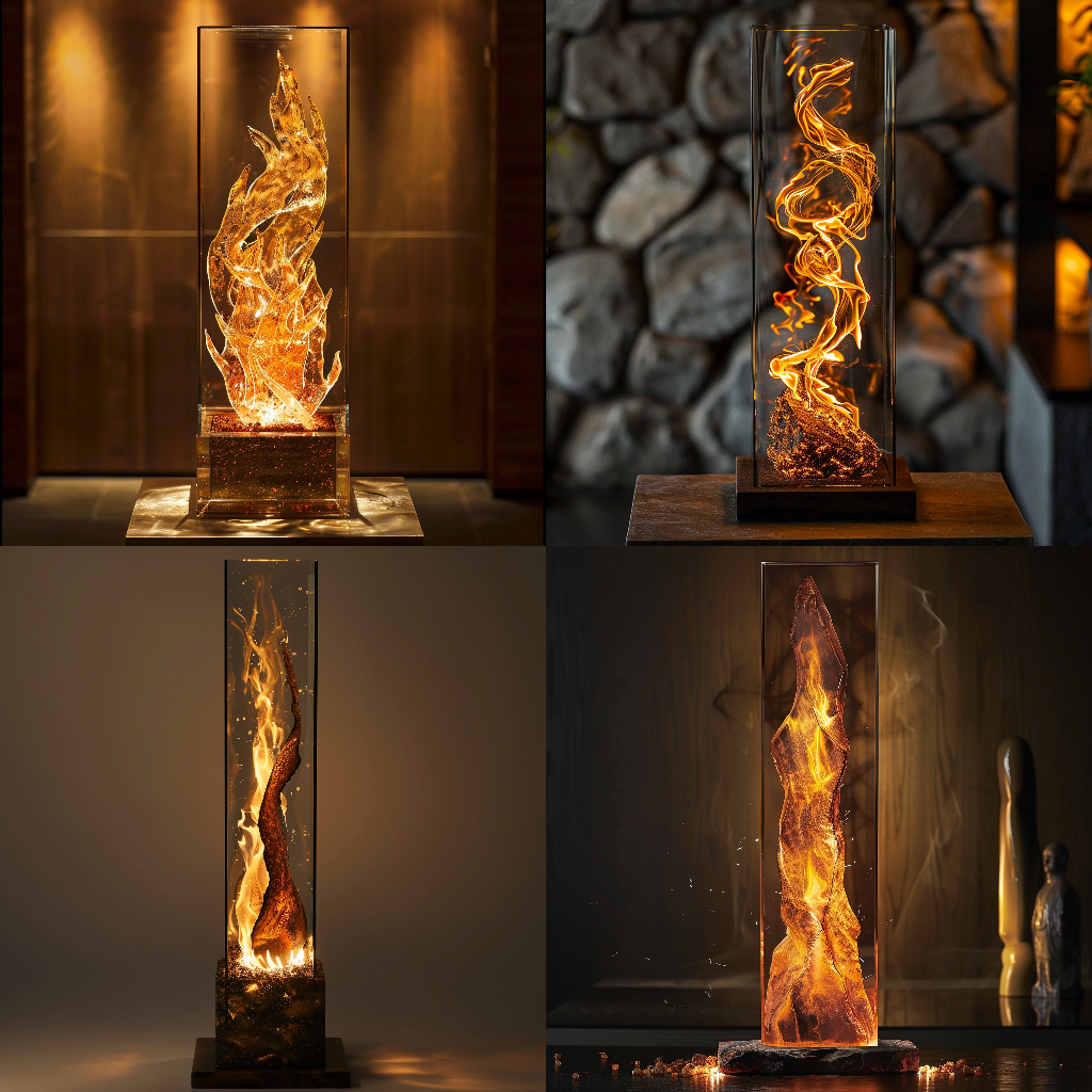 Flame Fire Sculpture in Glass Case