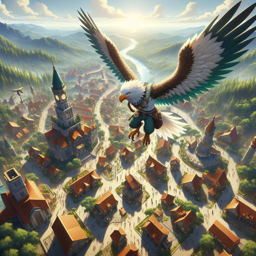 Eagle Humanoid Over Fantasy-SciFi Forest Town