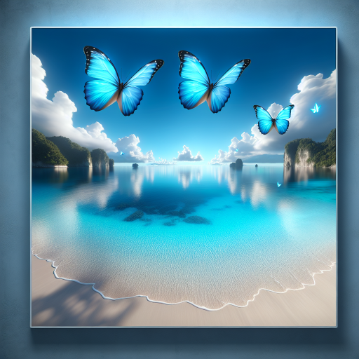 Surreal Blue Butterflies Over a Serene Beach - Drone View