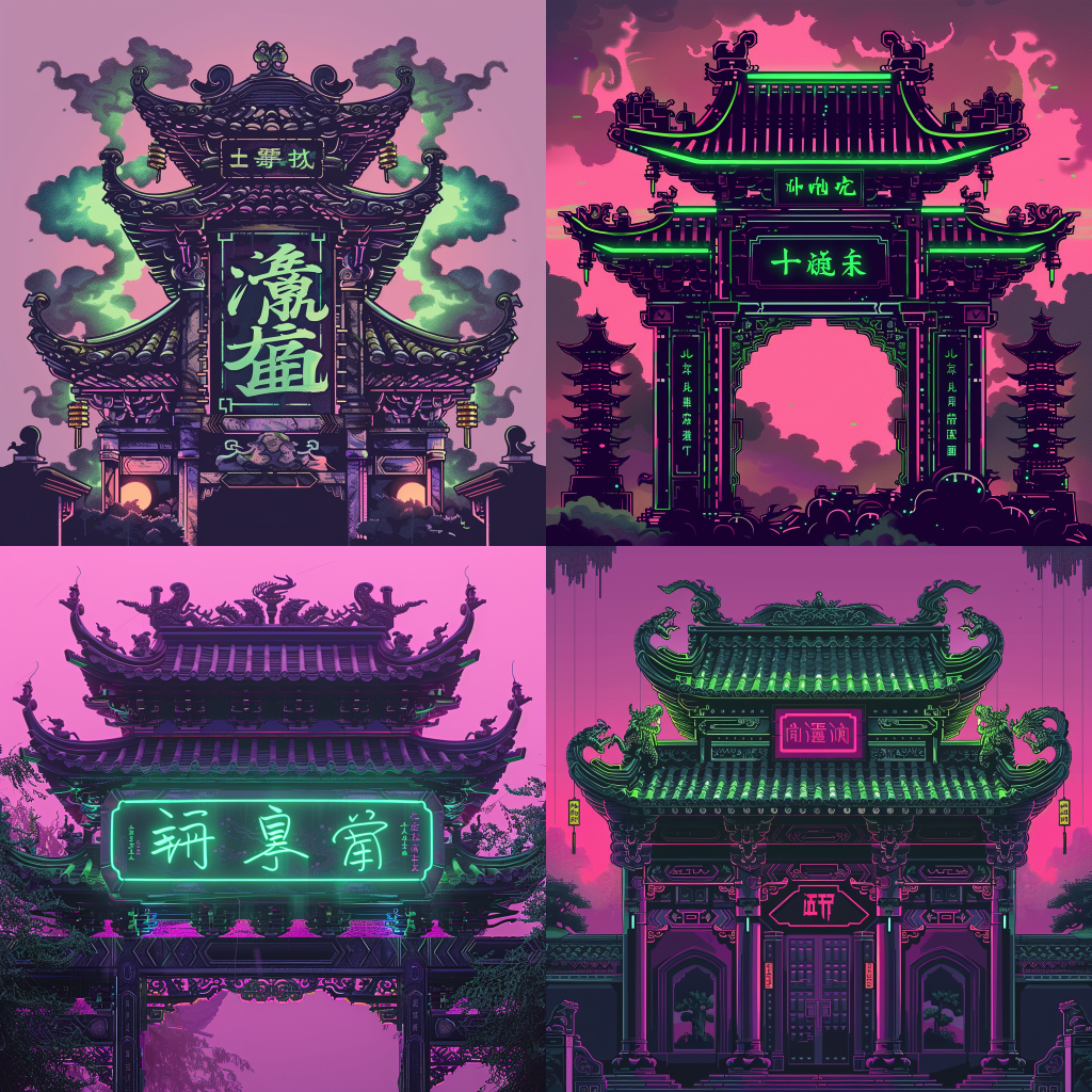 Neon Chinese Temple Sign in Game Art Style