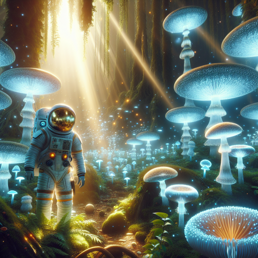 Mystical Exploration: Astronaut in an Alien Bioluminescent Forest