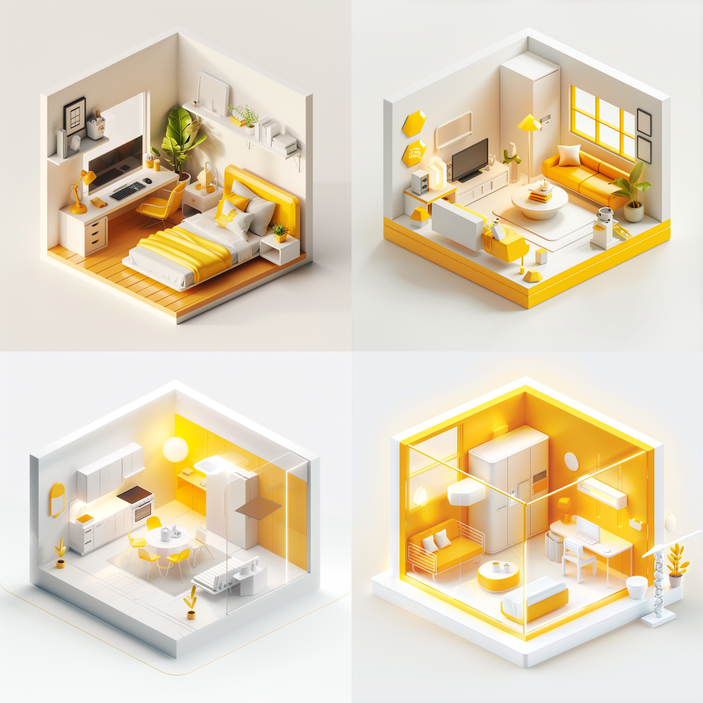 Minimalist Isometric Room Icon in Transparent Yellow and White