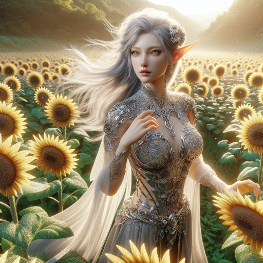 Elven Elegance in a Sunflower Realm - A Pastel Gore CGI Masterpiece
