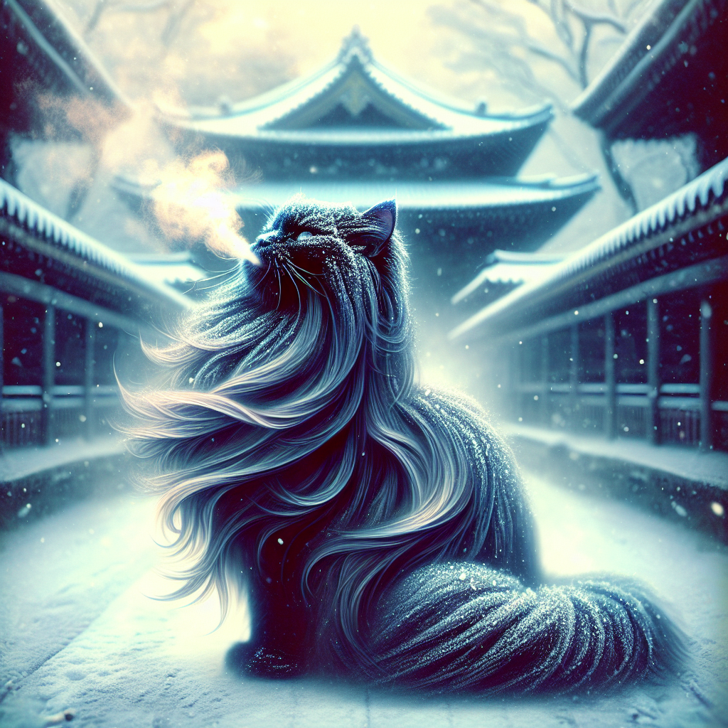 Majestic Snow-Capped Black Cat at a Temple