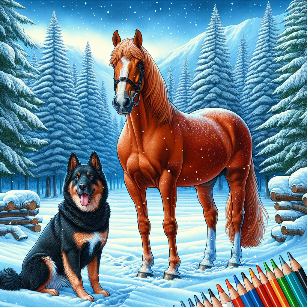 Winter Companions: Horse and Dog in Snowy Forest
