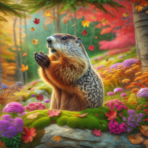 Clapping Groundhog Amidst Seasonal Flora