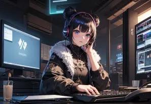 Cyberpunk Anime Illustration of a Girl with Double Buns in City Setting