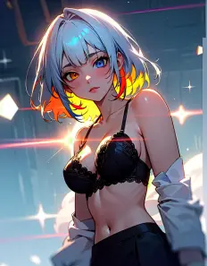 Creating a Mesmerizing Anime School Girl Character in Black Lingerie with Multicolor Hair and Heterochromia Eyes