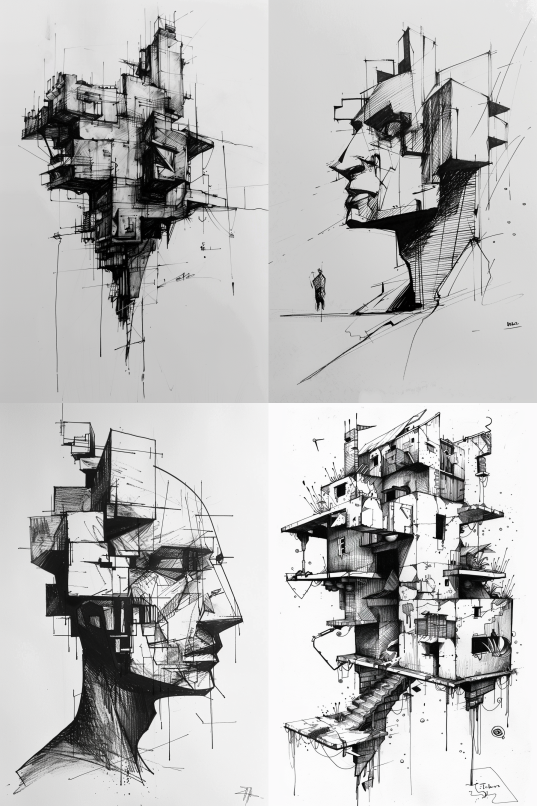 Architectural Ink Art Character in Side View Perspective