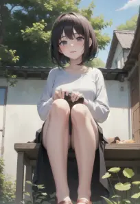 Anime-Style Illustration: Girl Sitting Outdoors in Countryside Village