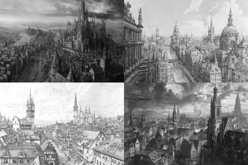 Albrecht Dürer-inspired Cityscape