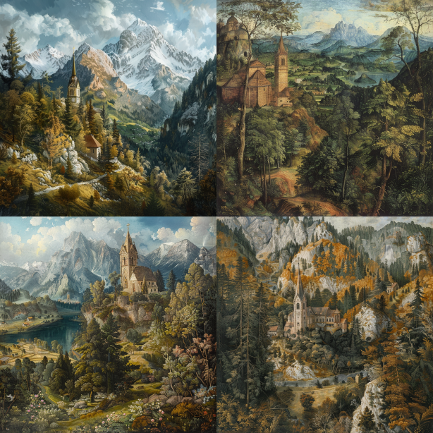 Albrecht Dürer-inspired Natural Landscape with Church