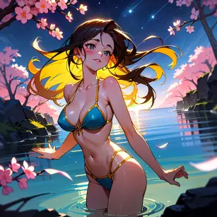 Breathtaking Anime School Girl in Elegant Bikini at Waterside Scene