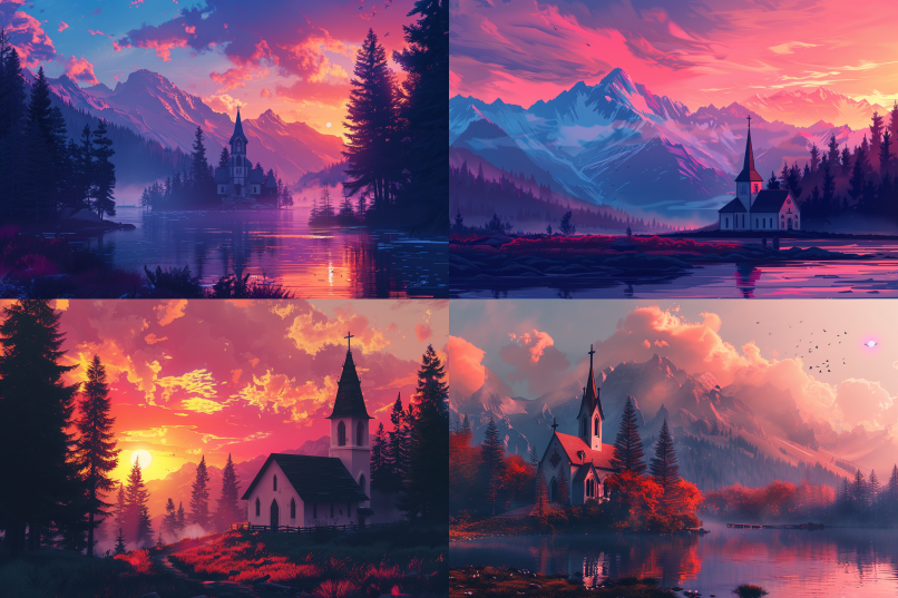 Majestic Natural Landscape with a Church in the Style of Alena Aenami