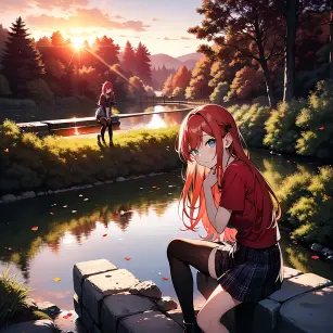 Anime Girl on Stone Bridge at Sunset