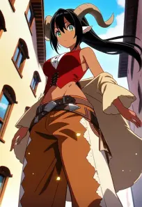 Anime Character with Dark Skin, Green Eyes, Goat Ears, and Wild West Outfit