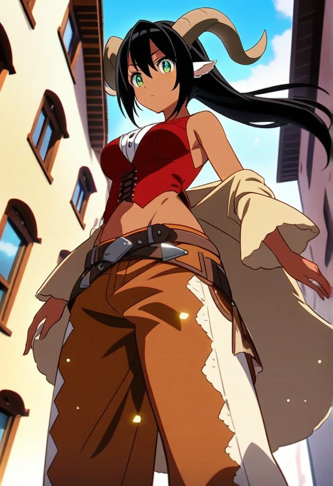 Anime Character with Dark Skin, Green Eyes, Goat Ears, and Wild West Outfit