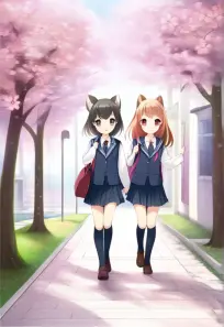 Anime-style Illustration of Two Girls in School Uniforms during Early Spring