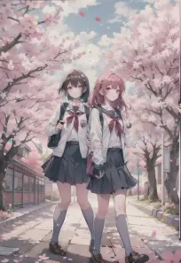 Anime-Style Poster: Two Girls in School Uniforms Surrounded by Cherry Blossoms