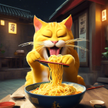 A big yellow cat eating noodles 