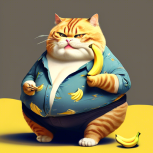 A big fatty cat that wera pant and shirt eat banana