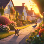 A serene suburban street bathed in the warm glow of the setting sun. A cozy house with a flower-filled garden stands at the end of the street