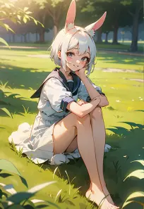 Anime School Girl with Rabbit Ears in Sunny Outdoor Setting