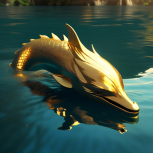 A half-dolphin half-golden dragon chimera calmly floats on the surface of the water of a secluded bay