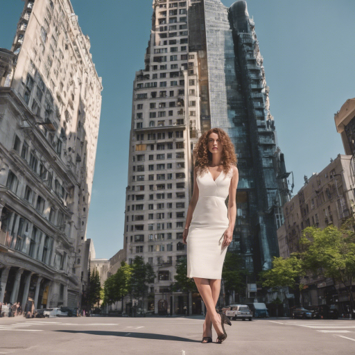 50-foot-tall beautiful woman standing in a city street