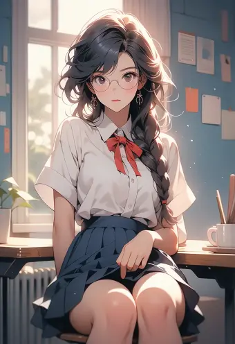 Anime Schoolgirl in the Blue Hour Classroom