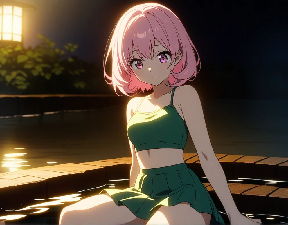 Anime Character Sitting by Hot Spring at Night