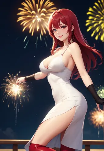 Anime Style Illustration of a Woman in Red Stockings and Midi Dress with Fireworks Background