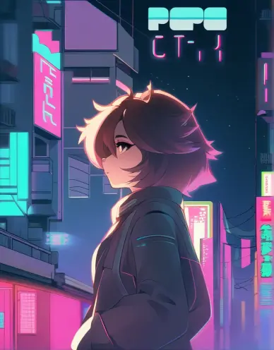Futuristic Cityscape Anime Illustration with Furry Girl in 80s Style