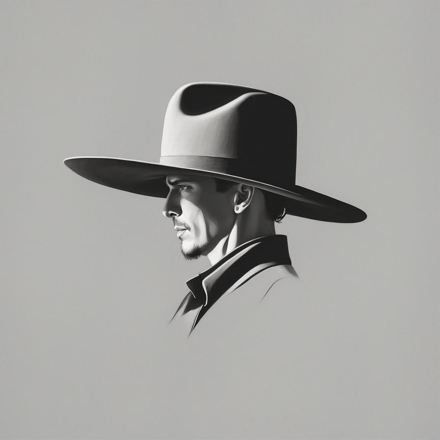 A black and white tattoo design of a cowboy with hat