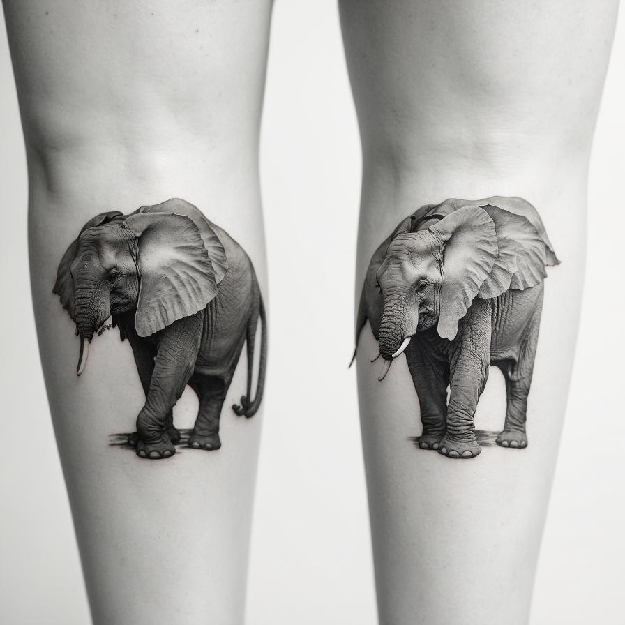 A black and white tattoo design of Two elephants trunk up one elephant trunk down