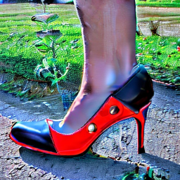 Black and red high heels are covered in semen