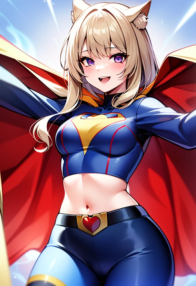 Anime Cat Girl in Supergirl Costume with Blonde Hair and Purple Eyes in Cinematic Lighting