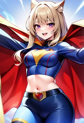 Anime Cat Girl in Supergirl Costume with Blonde Hair and Purple Eyes in Cinematic Lighting