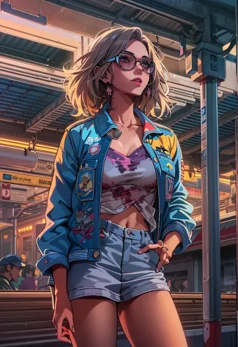 1980s Inspired CG Illustration of a Cool and Beautiful Girl at a Train Station