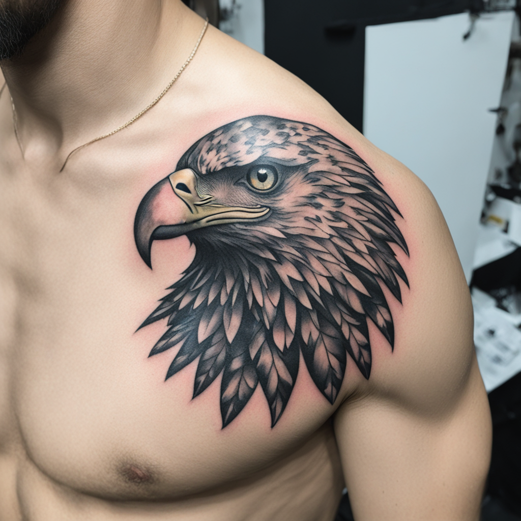 in the style of kleine tattoo, with a tattoo of eagle