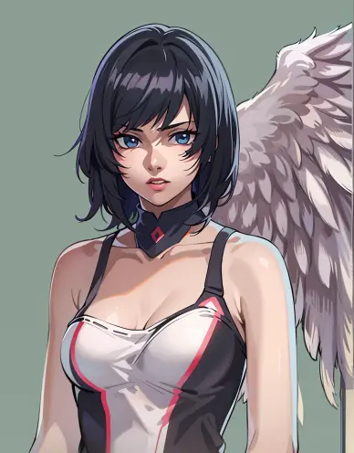 Illustration of a Strong Girl with Short Black Hair in Anime Angel Style