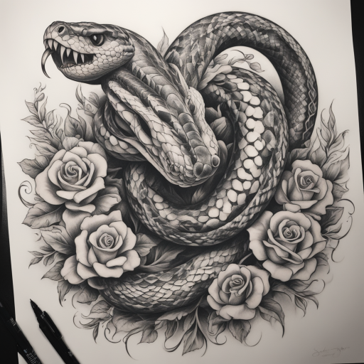 in the style of Chicano Tattoo, with a tattoo of Snake