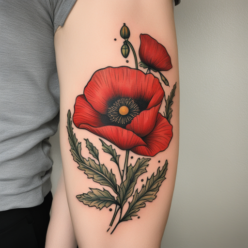 in the style of Sailor Jerry Tattoo, with a tattoo of Red Poppy