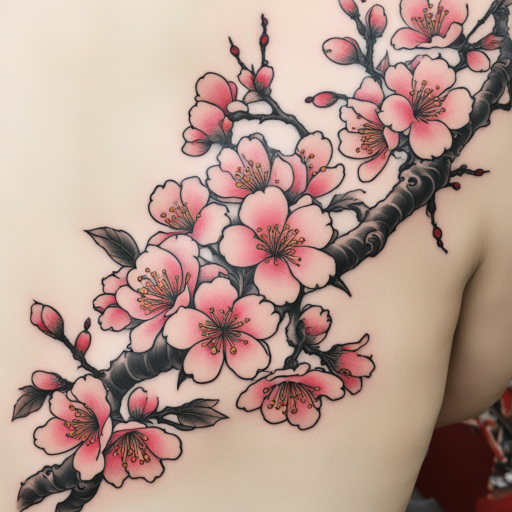 in the style of Japanese Tattoo, with a tattoo of Cherry Blossom