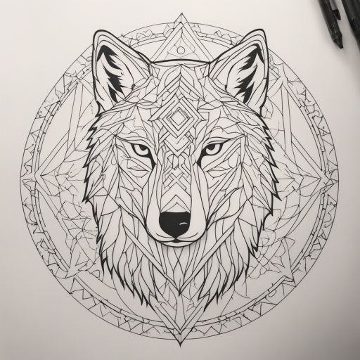 in the style of Geometric Tattoo, with a tattoo of Wolf