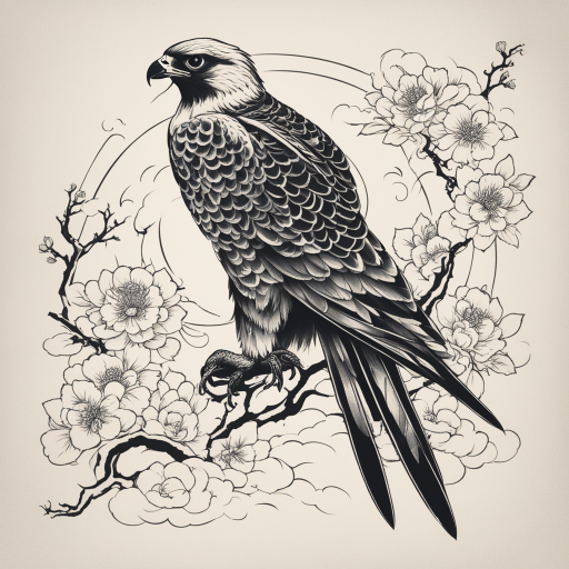in the style of Japanese Tattoo, with a tattoo of Falcon
