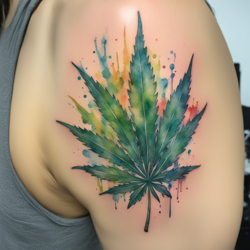 in the style of Watercolor Tatoo, with a tattoo of Cannabis Leaf