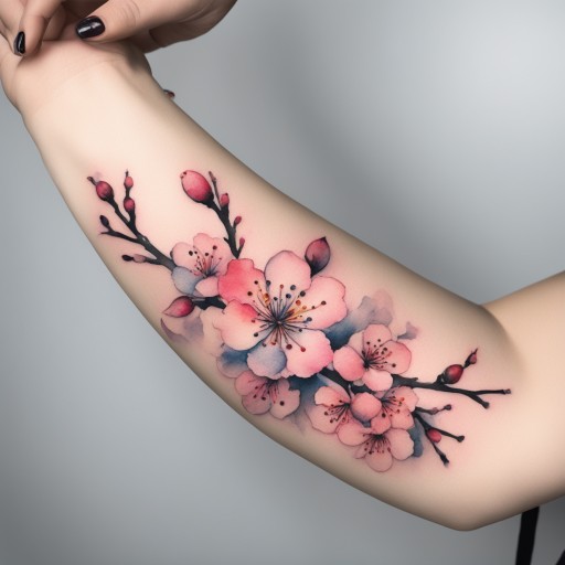 in the style of Watercolor Tatoo, with a tattoo of Cherry Blossom